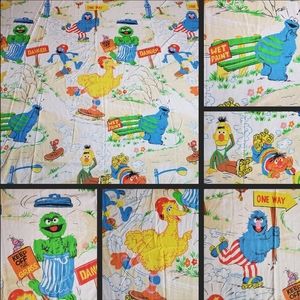 Vintage Sesame Street Road Signs Twin Flat Sheet-Big Bird-Cookie Monster-Oscar